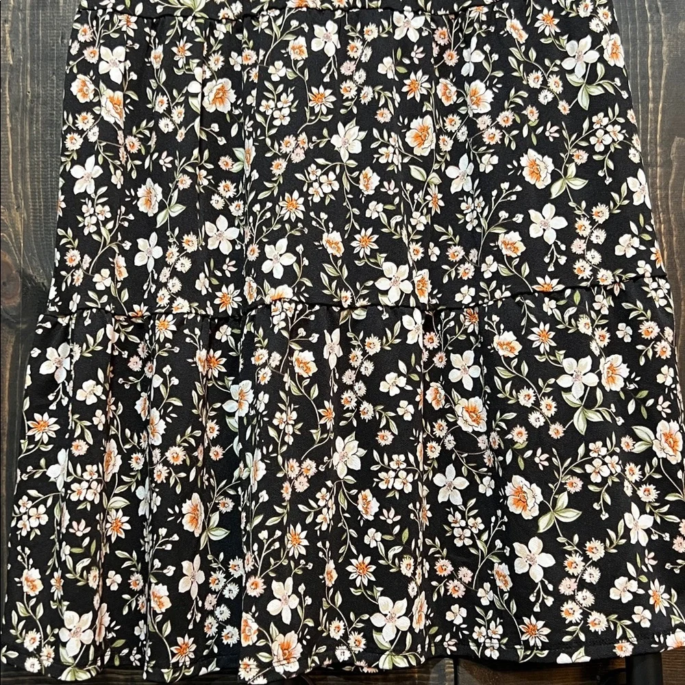 Boho Black Multi Floral Belted Midi Skirt S Tiered Chic Cottagecore Romantic EUC